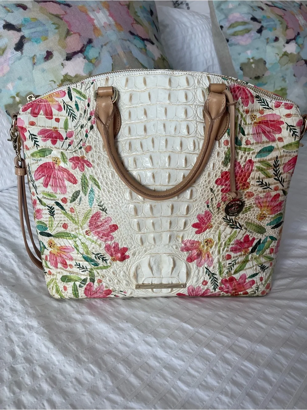 Brahmin Cream Floral Embossed Leather Tote with Tan Handles - Picture 2 of 8